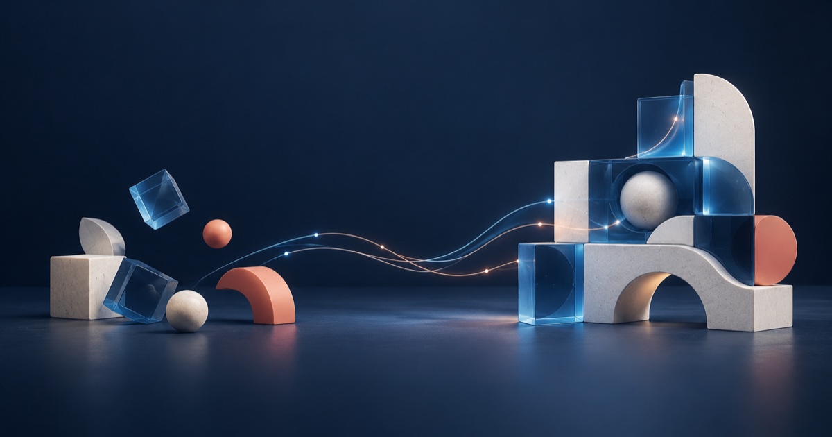 Abstract modular forms come together into an integrated structure, representing the journey from an AI prototype to a maintainable product capability.
