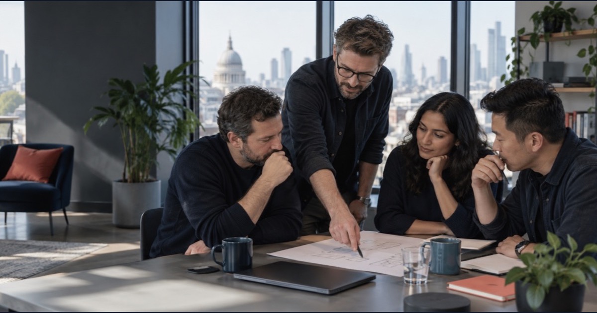 A product and engineering team reviewing an AI workflow together around a table in a bright office