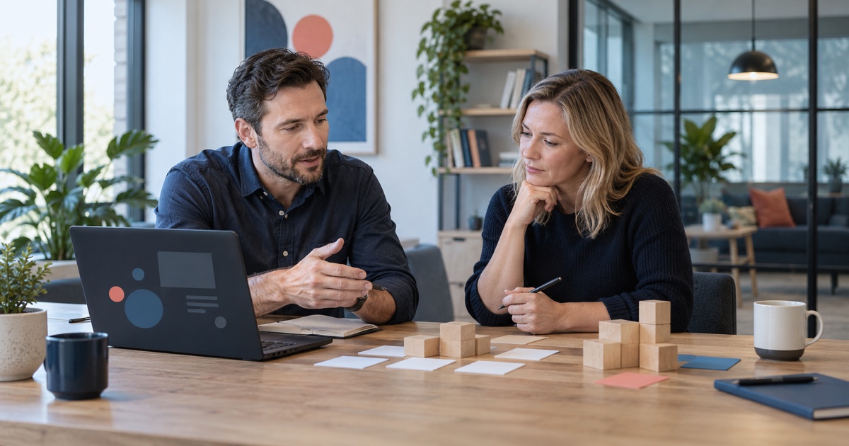 A client and software consultant compare modular options while planning a custom software project