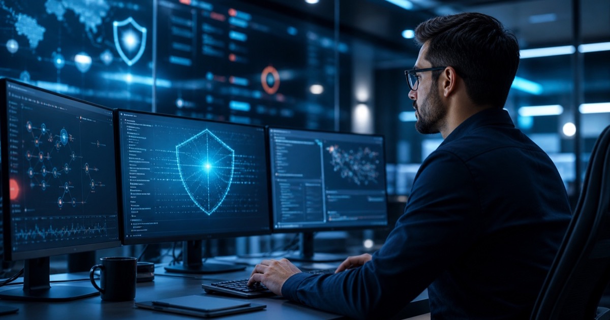 A security engineer reviewing a protected software system in a blue-lit operations room