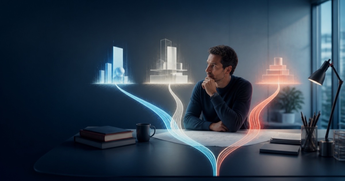 A professional weighing three glowing paths that represent different levels of AI capability
