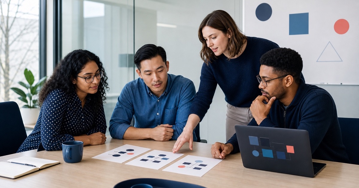 A product and engineering team comparing three abstract workflow options around a table