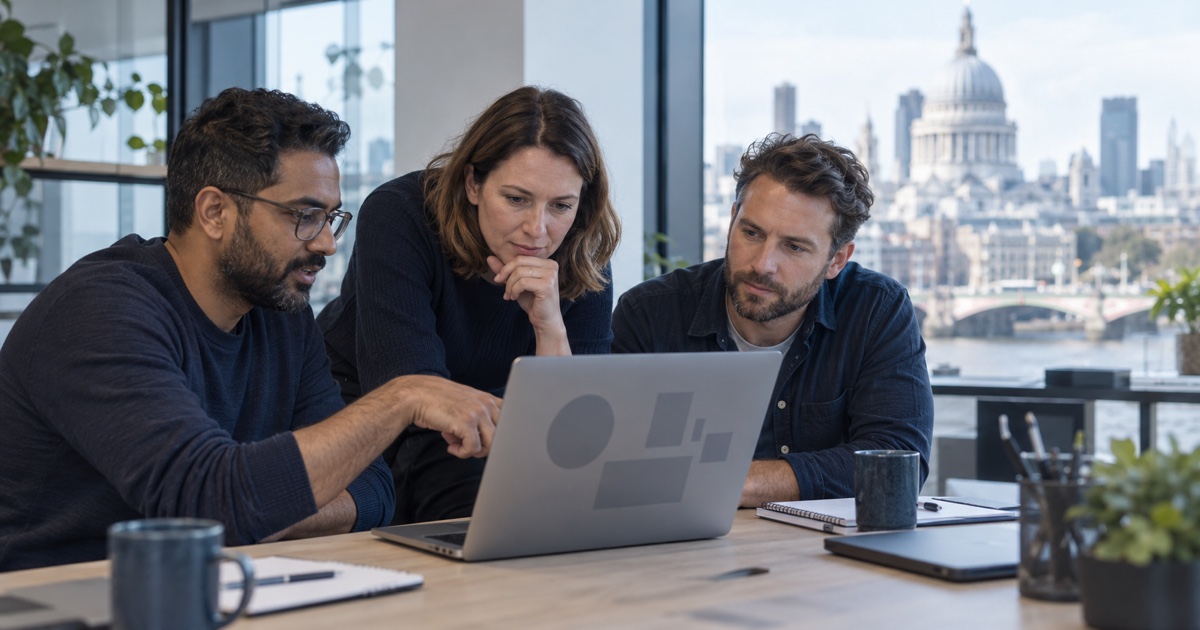 Three engineers reviewing a laptop together as they discuss platform ownership and a controlled technical handover