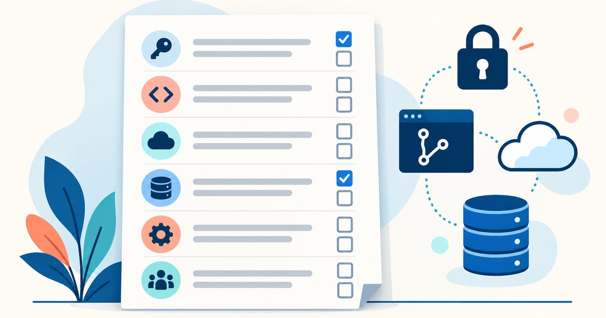 Illustrated preview of a software handover checklist, with sections for ownership, code, cloud accounts, data, operations and team knowledge.